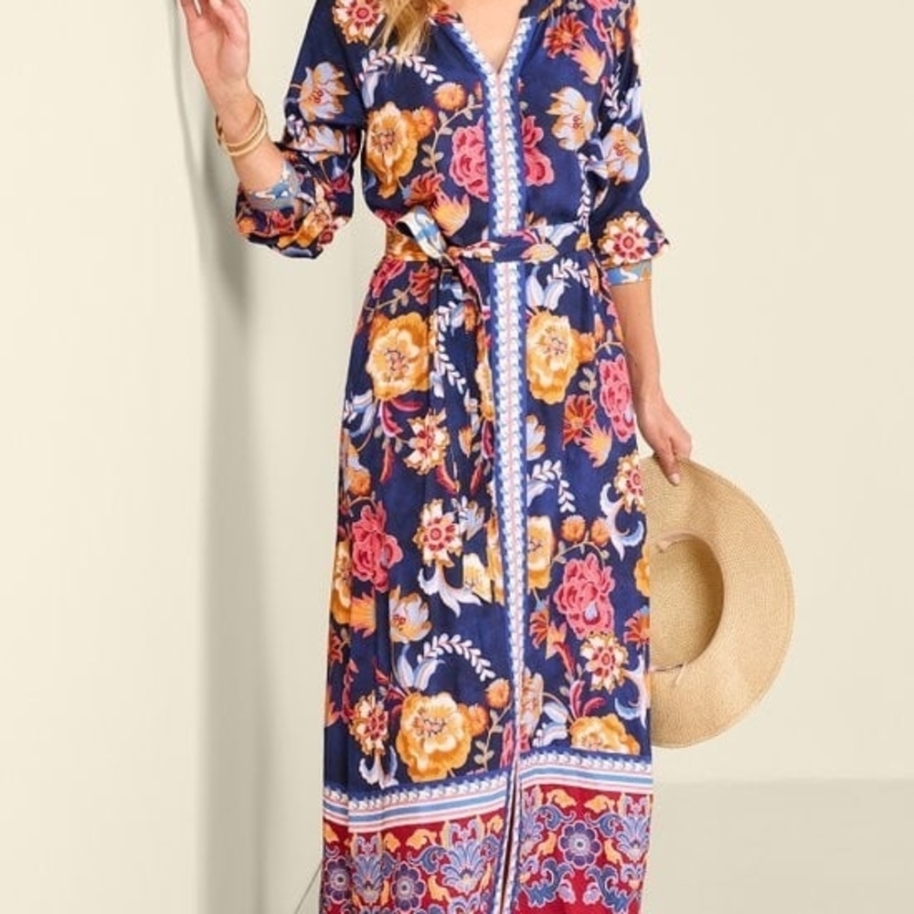Soft Surroundings Navy Floral Border-Print Maxi Dress